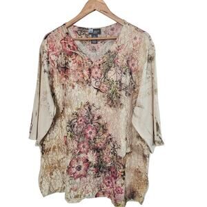 Vintage Y2K Floral Lace Blouse Womens 1X Beige Sheer Beaded Cottage Fairy Boho